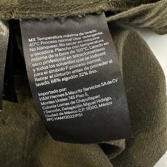 H&M Linen Blend Shirt Dress XXL Dark Khaki Green Button Up Cuffed Short Sleeve - Picture 8 of 8